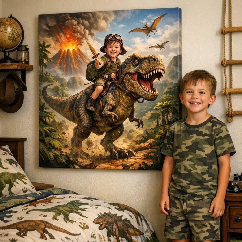 Boy in his dinosaur-themed bedroom next to his personalised dinosaur explorer canvas