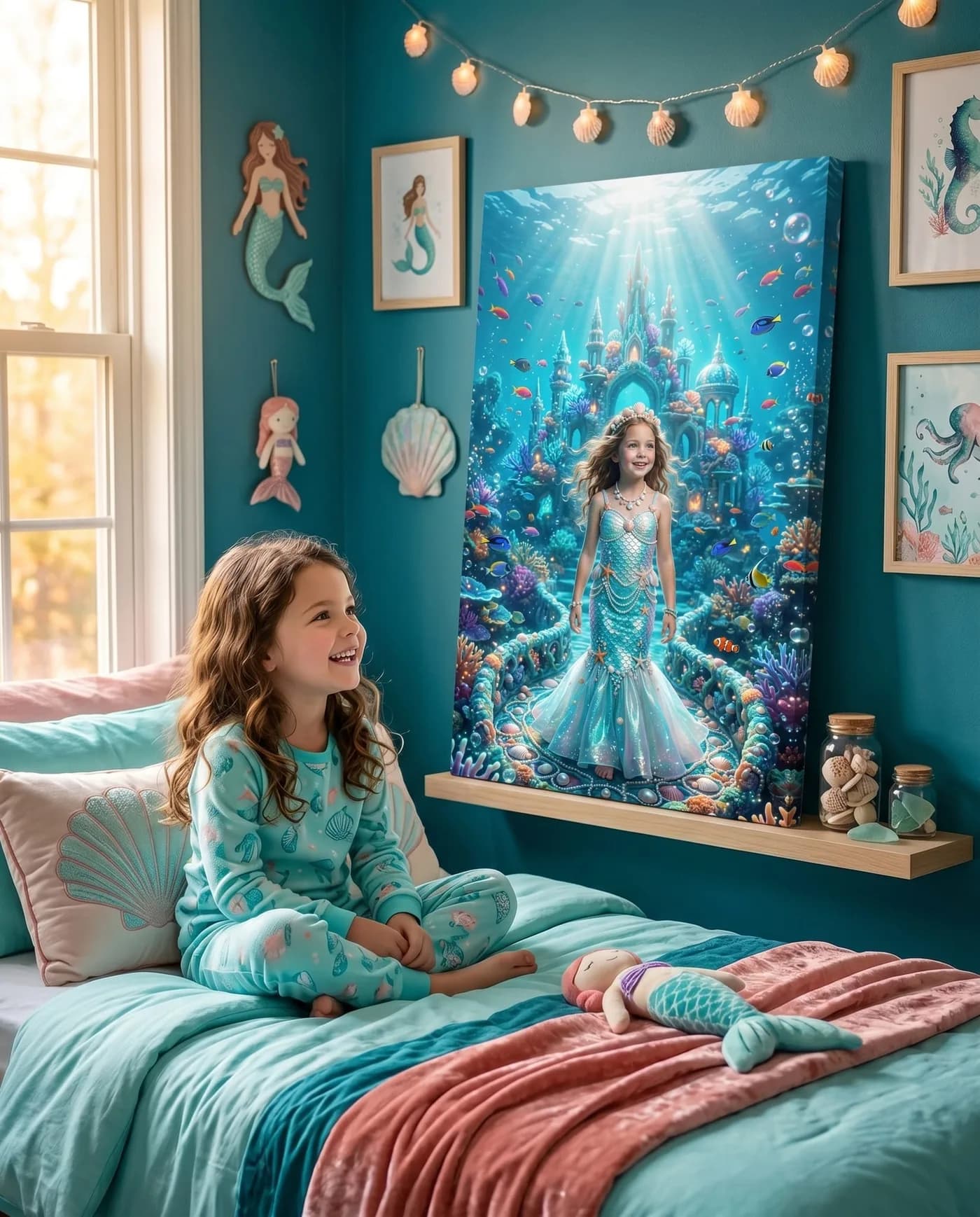 Girl in mermaid pyjamas smiling at her personalised mermaid canvas