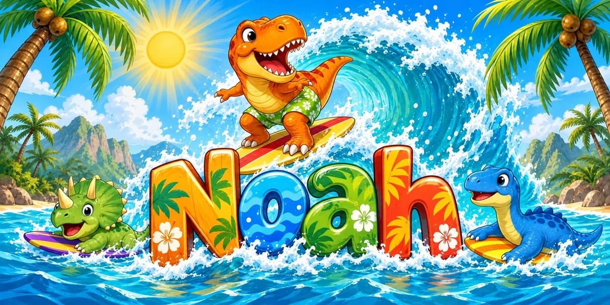 The Dinosaur Surf Club towel design personalised with the name Noah