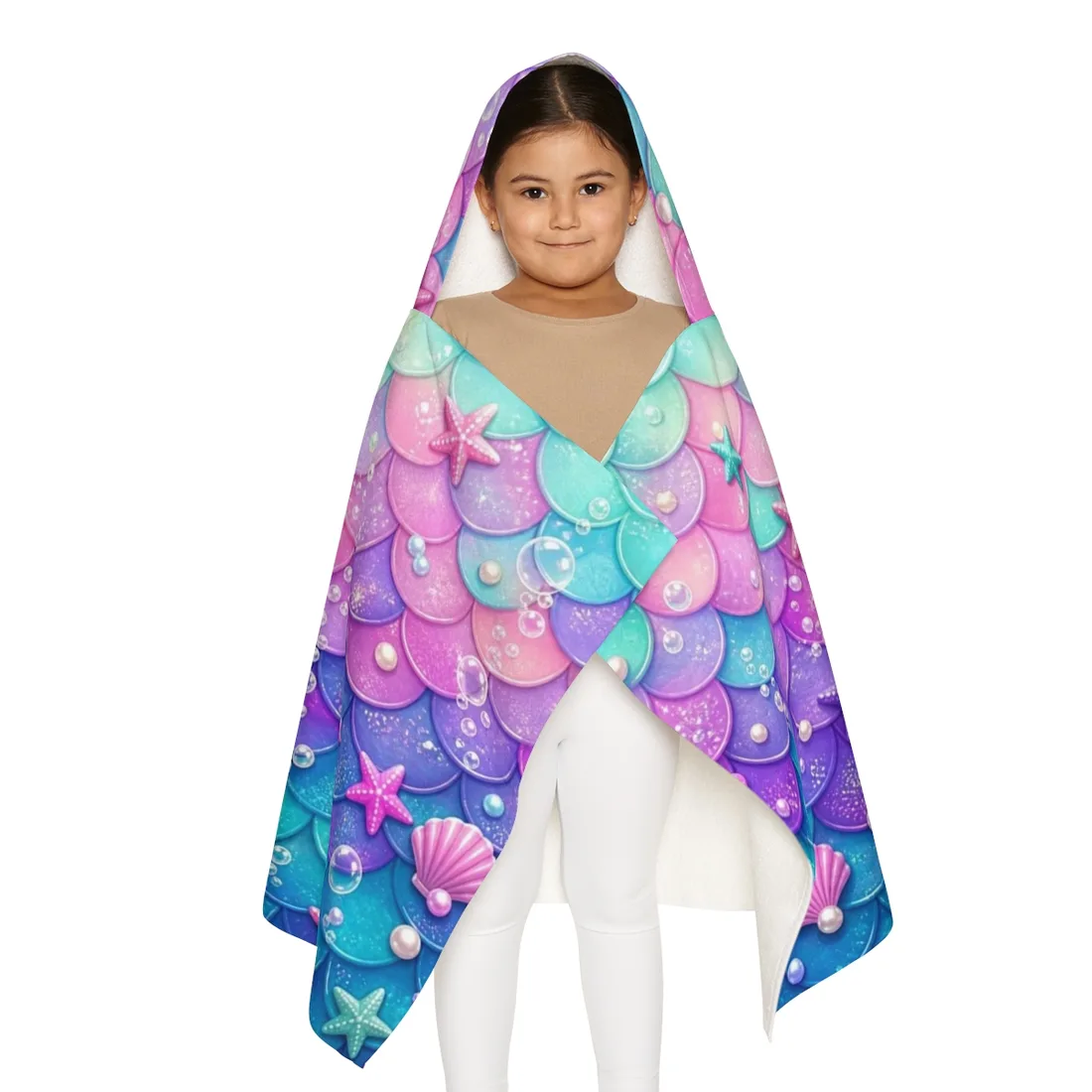 Example: the Mermaid Shimmer design — worn, hood up