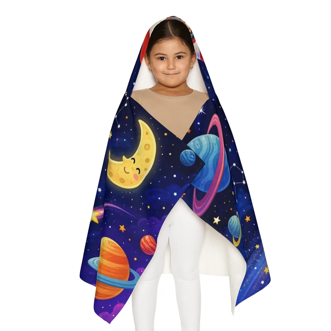 A child wearing the hooded towel